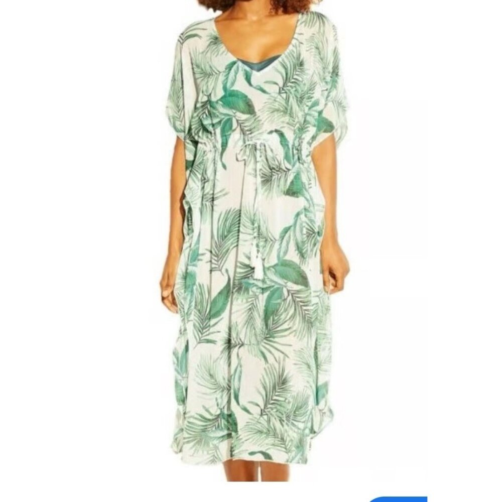 Kona Sol Green Swim S Dress Palm Hawaiian‎ Kaftan Beach Vacation Boho Arttowear